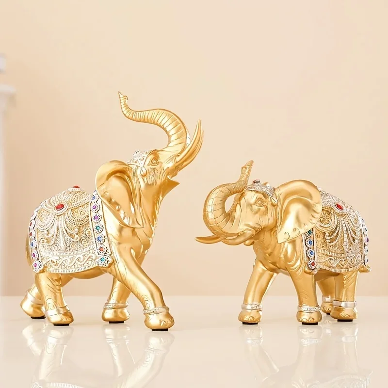 2pcs Golden Resin Elephant Statues with Intricate Jewelry Design, Home Decor,Ornate Decorative Resin Crafted Elephant Decor