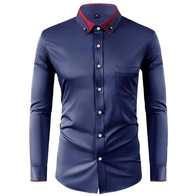 New Four Seasons Long Sleeve Shirts Men Business Casual Square Collar Shirt Wedding Office Dress Blouse Male Clothing 2025