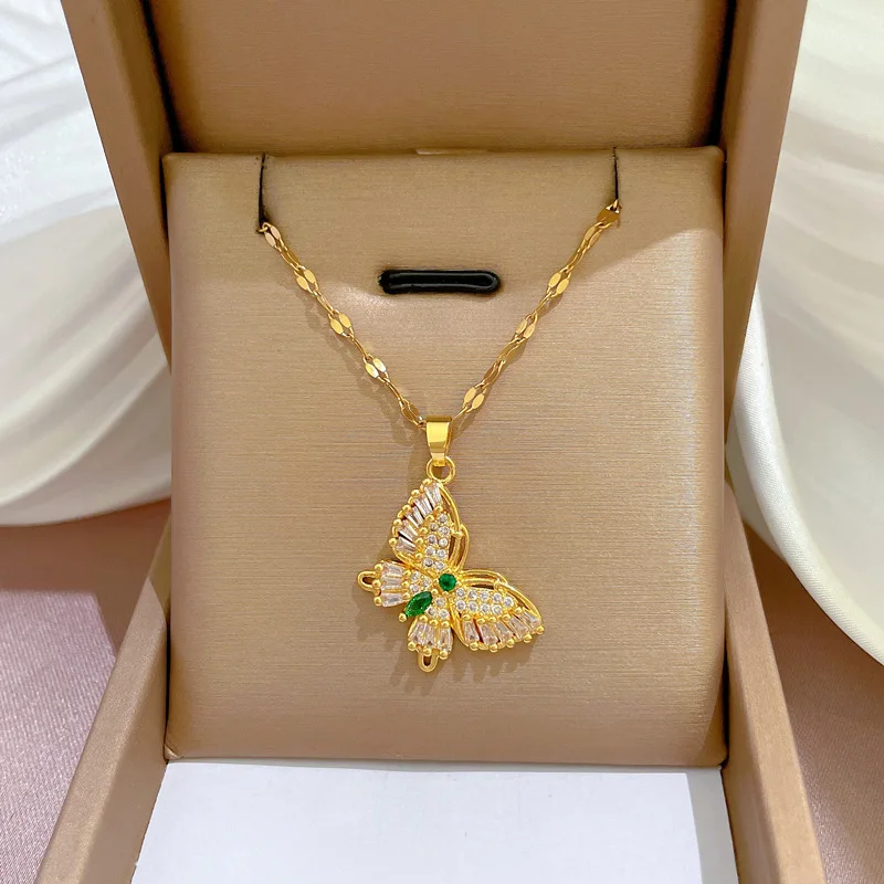 Stainless Steel Elegant Statement Butterfly Pendant Necklace Rhinestone Chain for Women Bling Crystal Choker Party Jewelry