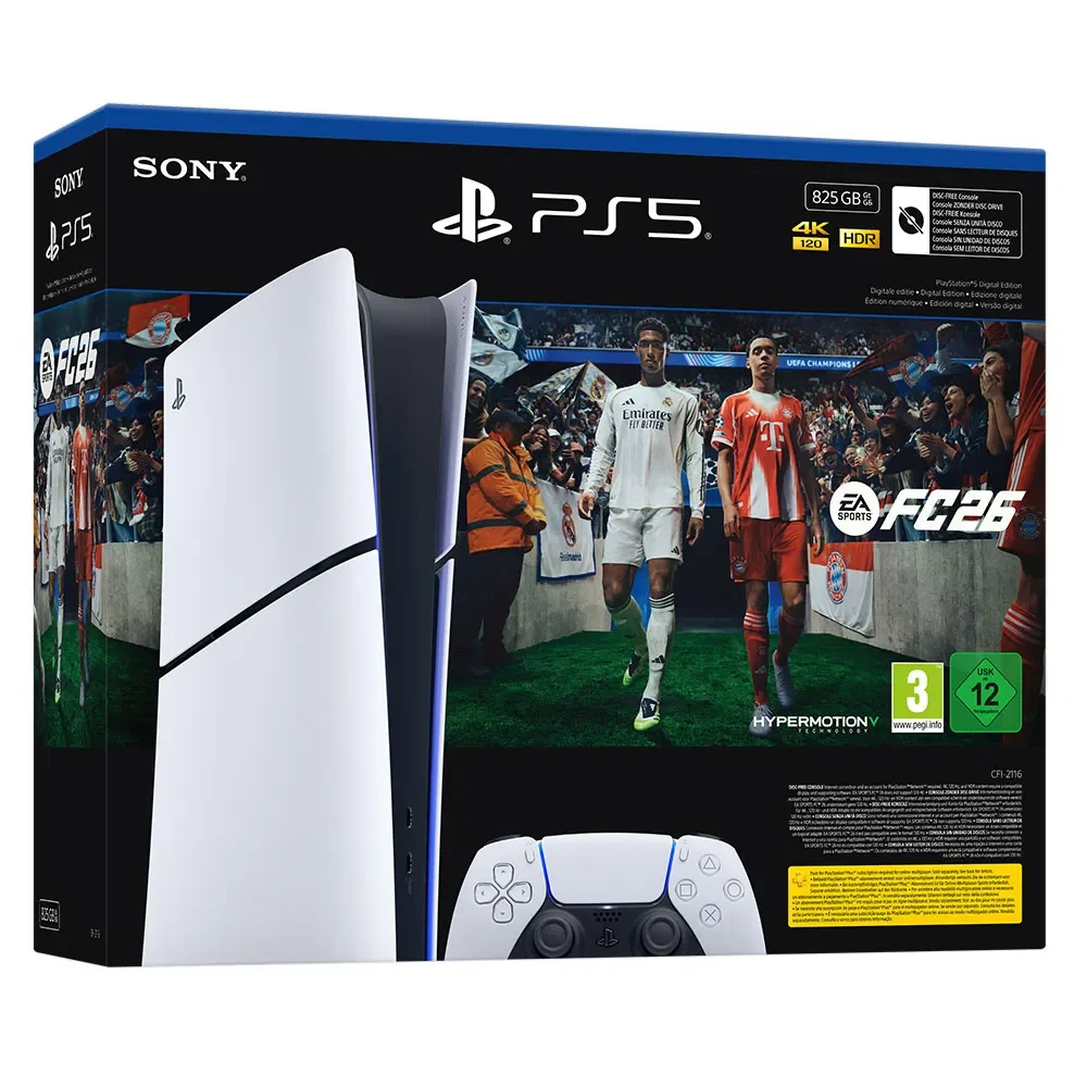 PS5 Digital Edition 825GB + EA SPORTS FC™ 26 Game Download Code, includes DualSense Controller and 825GB SSD for immersive gameplay, CE certified gaming console for enhanced experience with haptic feedback. #1