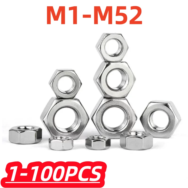 1-100Pcs M2 M2.5 M3 M4 M5 M6 M8 M10 M12 M14 M16 M20 M24 M27 M30 M33 Hex Hexagon Nut Screw Bolt Cap Lock Nuts 304 Stainless Steel