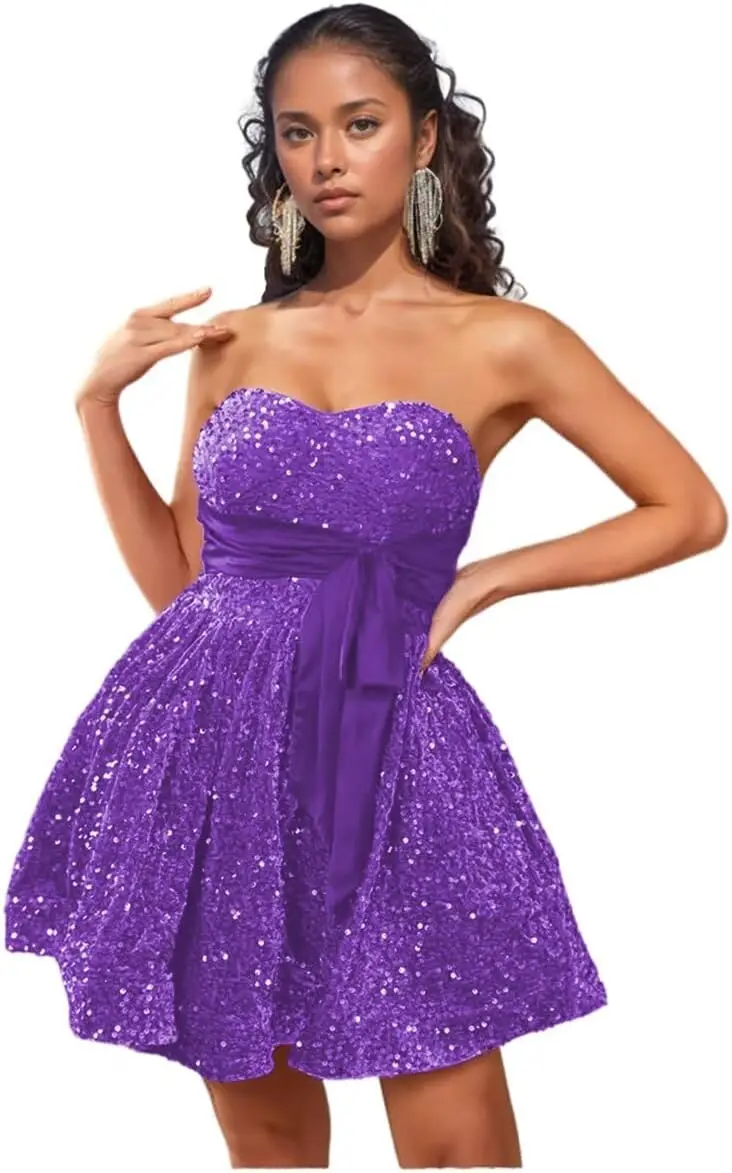 

Short Sequin Homecoming Dresses with Satin Belt Sparkly Strapless Cocktail Dresses for Women A-line Party Gowns Evening Dresses