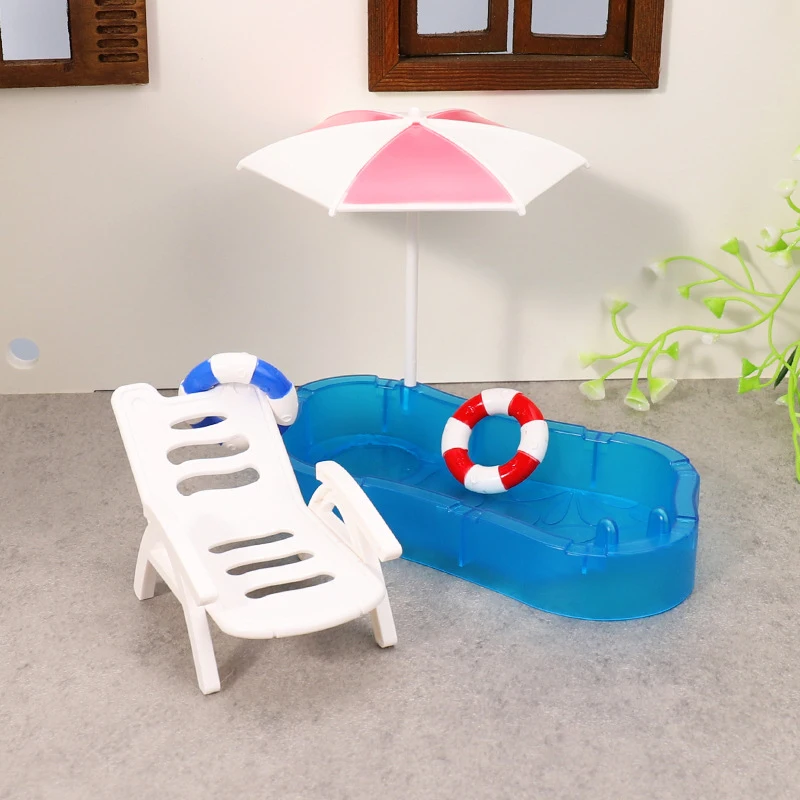1 conjunto de brinquedos para crianças, casa de boneca, simulação fofa, mini piscina, círculo de natação, cadeira de praia, modelo de decoração diy