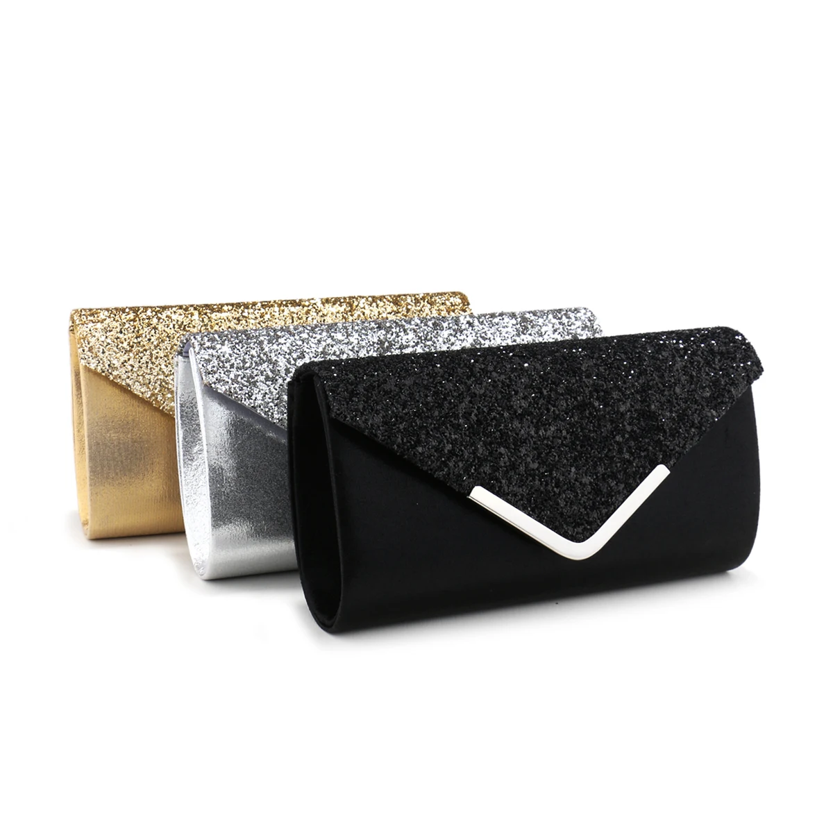 Silver Clutch Bags V Design Metal Chain Glitter Sequined Evening Bags With Envelope Party Wedding Casual Lady Handbags Banquet