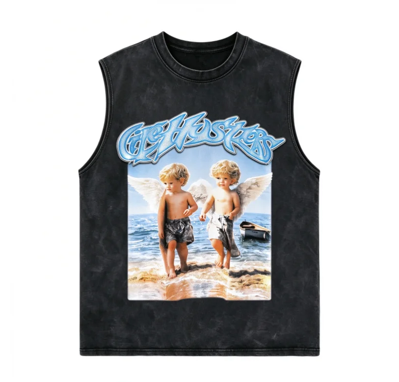 2026 new Single-side washed distressed tank top, twin angels at sunset beach graphic, purple gradient stylized lettering above