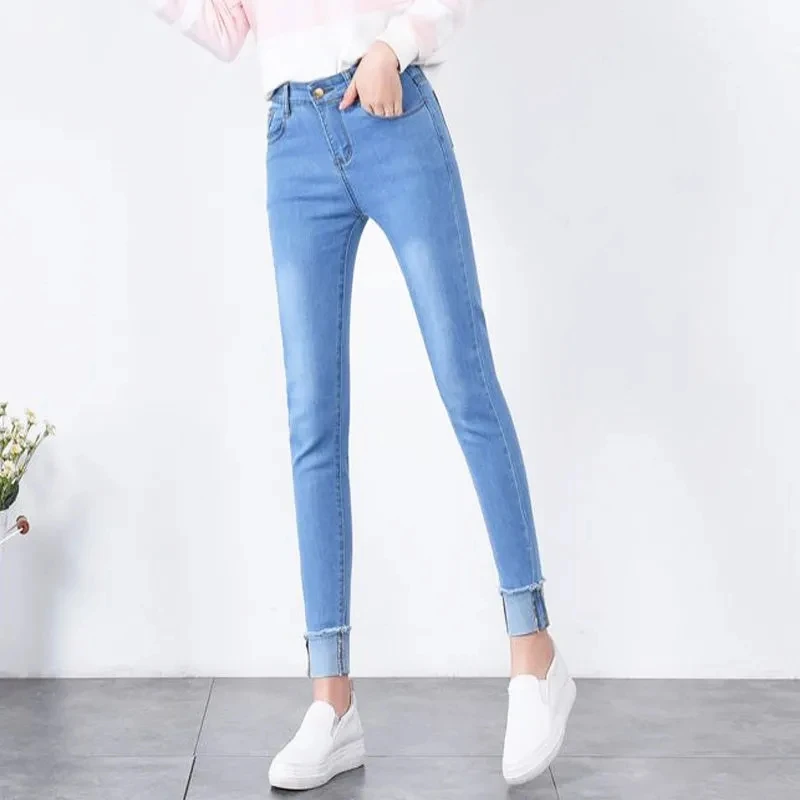 Ladies Jeans Women's Flanging Blue Elastic Korean Jeans 2023 Spring Autumn Denim Pants Female Slim Pencil Pants Ladies Jeans