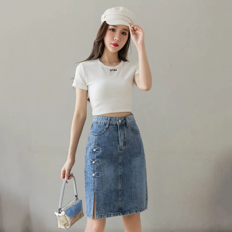 

Denim Skirt Slit Half Skirt Female Summer High Waist Nailed Beads A-line Bag Hip Skirt Women Thin Style