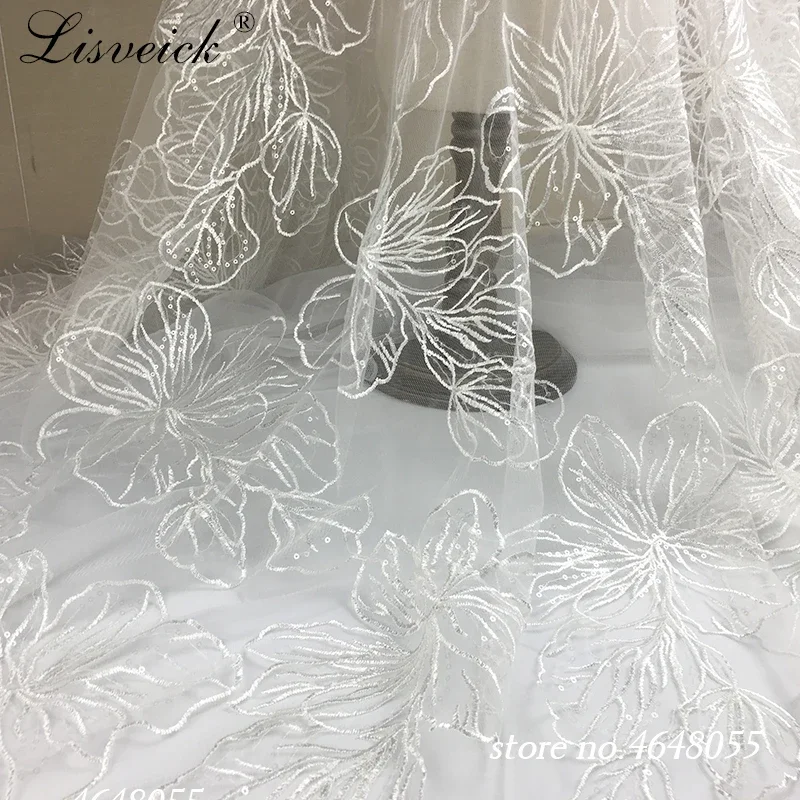 1yard white flowers hollow Net yarn fabric Sequin embroidery lace mesh fabric wedding dress skirt cloth DIY garment accessories