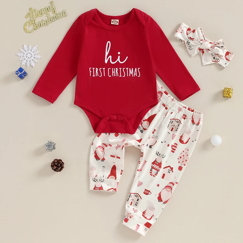 

Newborn Baby Girls 3Pcs Christmas Outfits Long Sleeve Romper Santa Claus Print Pants Headband Sets Infant Xmas Clothes