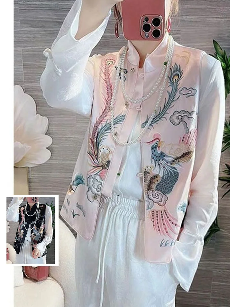 

Атласный жилет с вышивкой Ele Phoenix, женский новый костюм Sle Tang, джет с воротником-стойкой, длина, застежка на одной пуговице