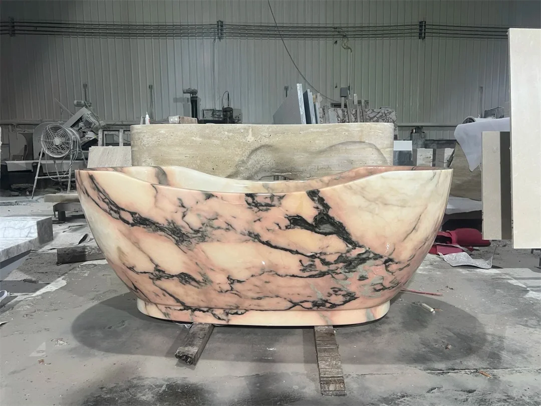 Unique Pink And Black Textured Custom-sized Handmade Calacatta Rosenoir Marble Bathtub For High-end Bathroom Interiors