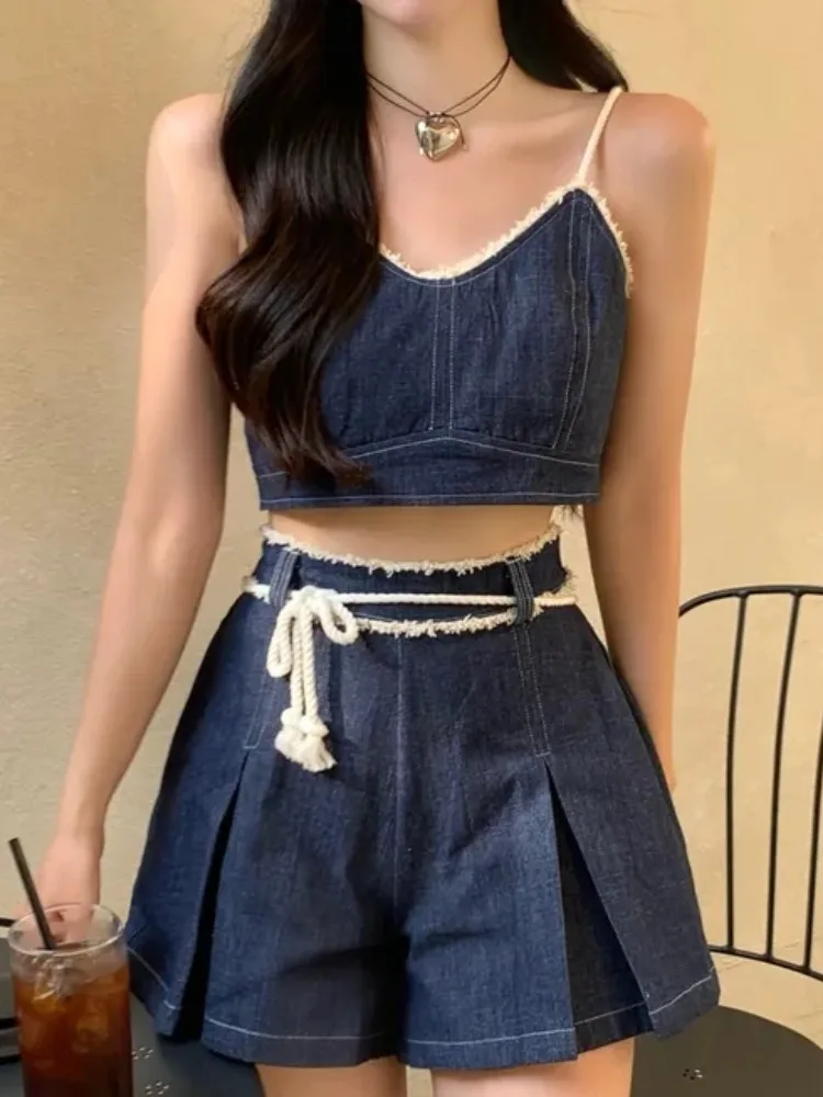 

Шикарный летний антивозрастной винтажный комплект ort с высокой талией и ремешком V-Ne orts Женский комплект из двух предметов из смеси хлопка Faionable