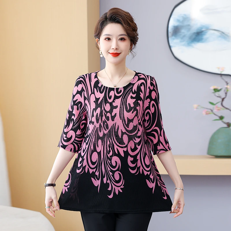 Women Round Neck Spring Summer New Minimalist Commute Printed Diamonds 3/4 Sleeve Loose Midi Pullover  T-shirts Tops Plus Size