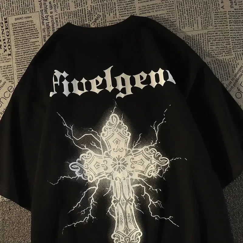 심플한 레트로 힙합 크로스 반팔 티셔츠, 남성용 루즈한 상의, Y2k 오버사이즈 티셔츠, 스트리트웨어 