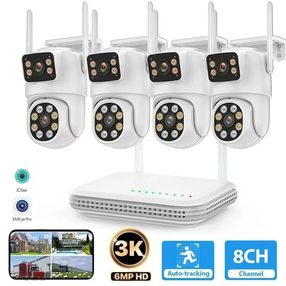 Wireless 8CH NVR CCTV System 6MP Outdoor 2-Lens WIFI Camera 2-Way Audio Waterpoor Security Camera Video Surveillance Kit ICSEE