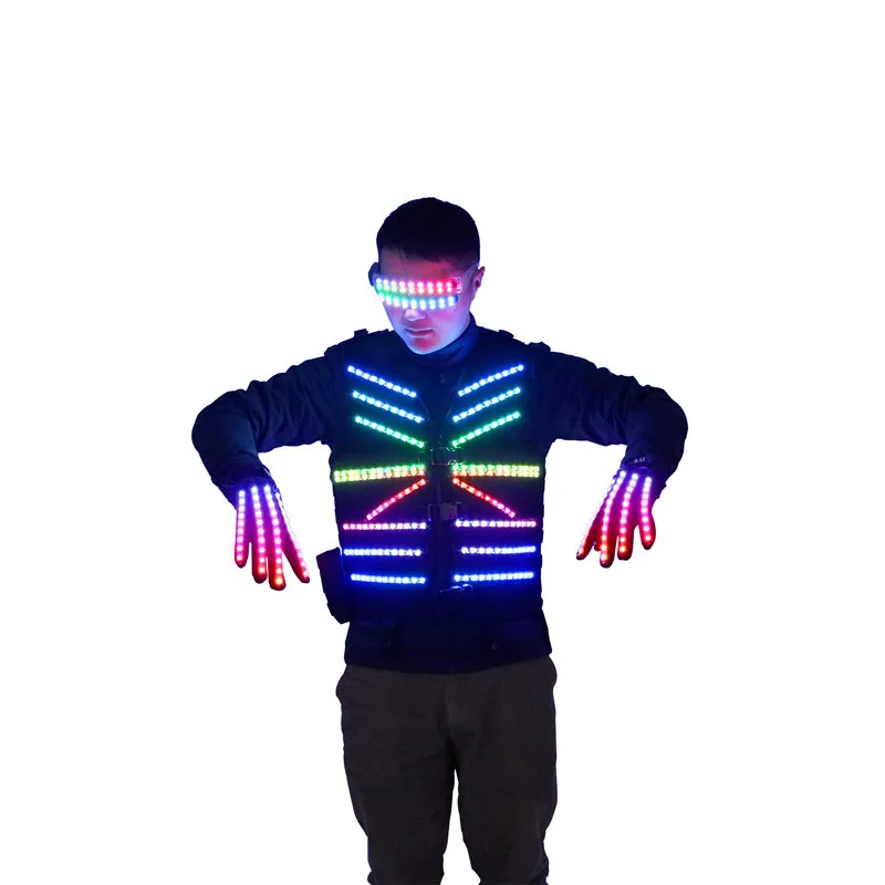 Colorful Glowing Robot Costume Night Stage Performance Fluorescent Gloves and Glasses for Bar Party Props