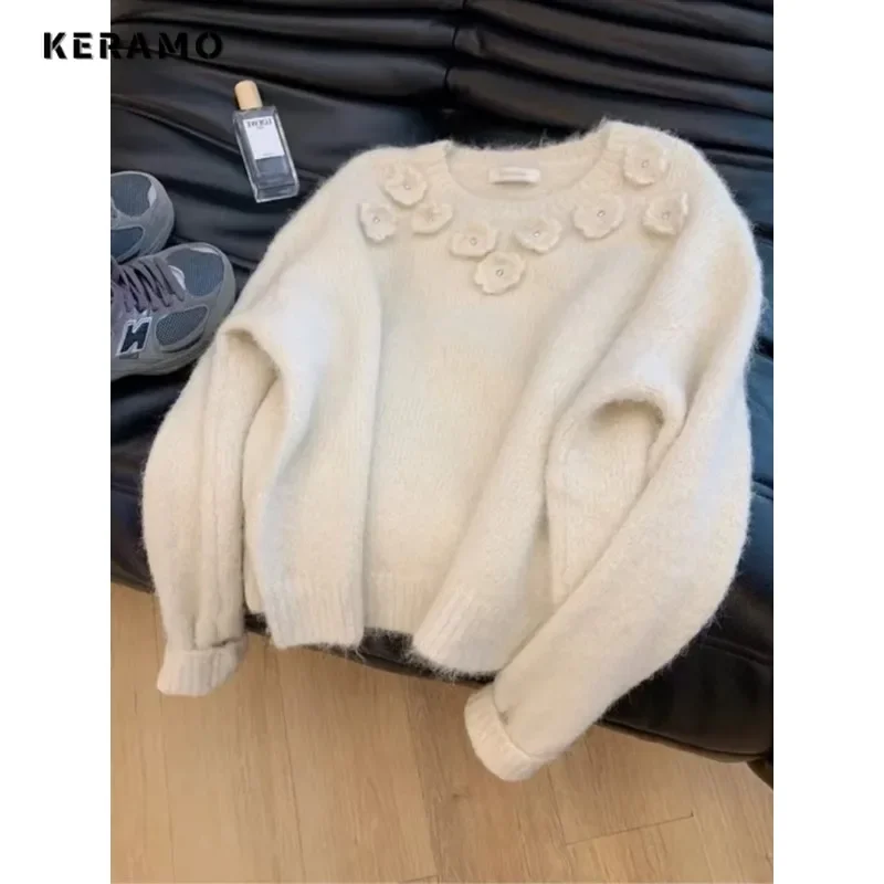 Sweet Knitting Long Sleeve Casual Floral Pullovers 2025 Winter Women Lovely Jumpers Solid Color Round Neck Ladies Sweater