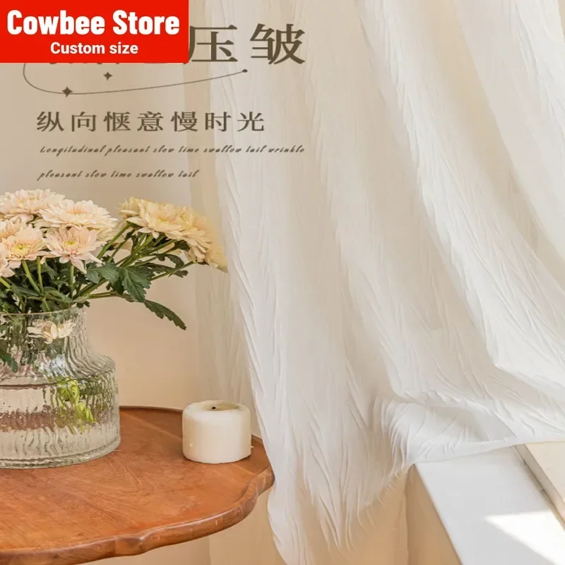 

High-end French Light Luxury Curtains Curtains New Living Room Bedroom Balcony Floating Window White Yarn Dovetail Crinkle Yarn