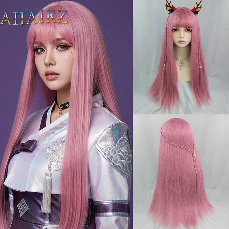 

Synthetic Long Straight Pink Wigs with Bangs For Women Daily Cosplay Lolita Party Wear Fake Hair Heat-resistant Rose Net