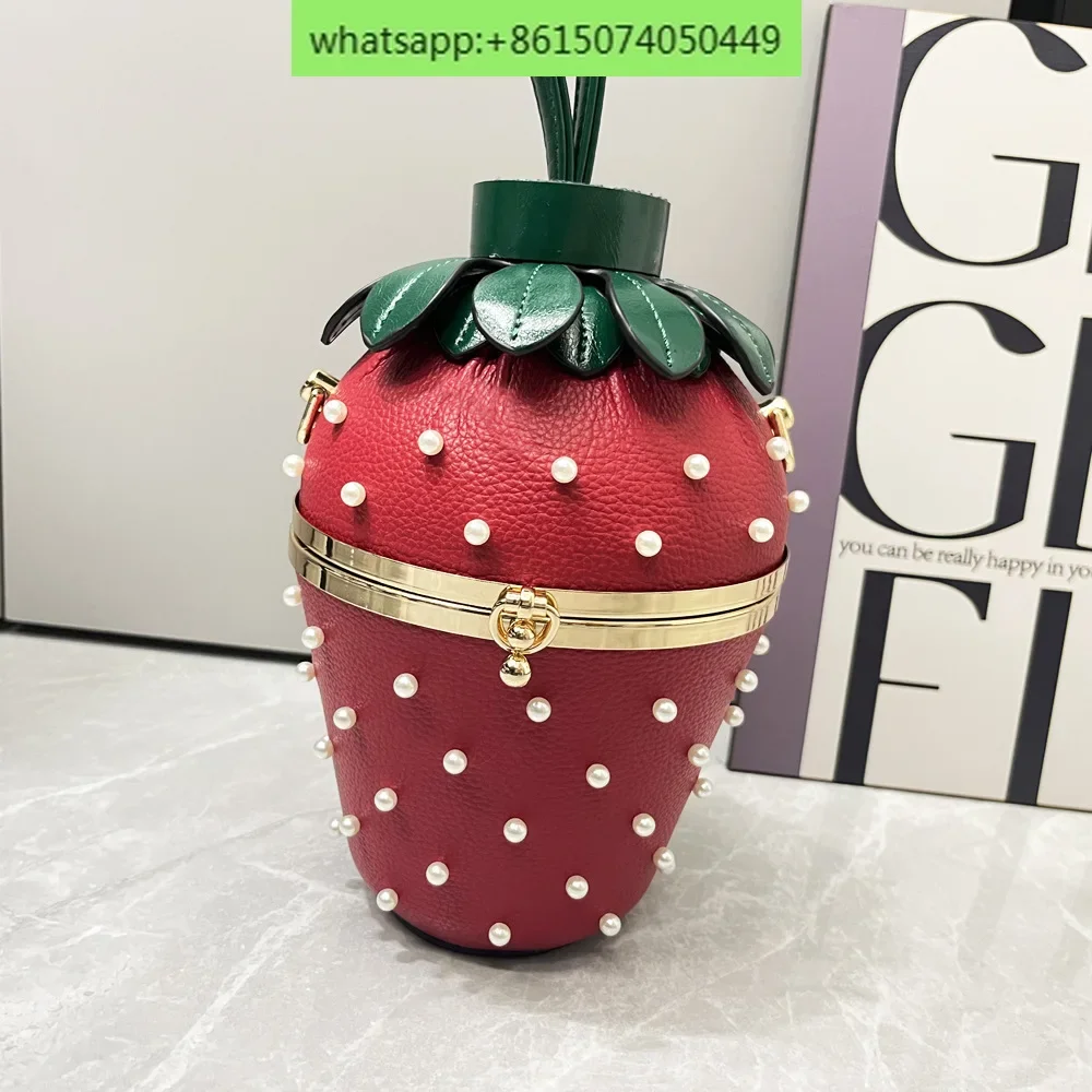 Women's Bag Strawberry Shaped Handmade Women's Bag Pearl Decoration Women's Handbag Box Single Shoulder Crossbody