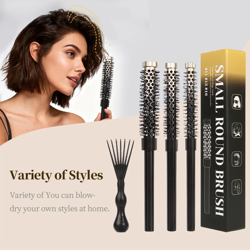

Мини-ролик для завивки волос - алюминиевая трубка, теплопроводная роликовая щетка с нейлоновыми зубцами - устойчивая к высоким температурам - волнистая щетка для укладки волос - черное золото премиум-класса, подарочный набор из 3 предметов, подходит для м