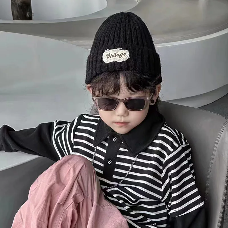 

Модная детская вязаная шапка с буквами, корейская детская теплая шерстяная шапка, однотонный утепленный свитер, капот, зимние детские шапочки для детей 2-6 лет