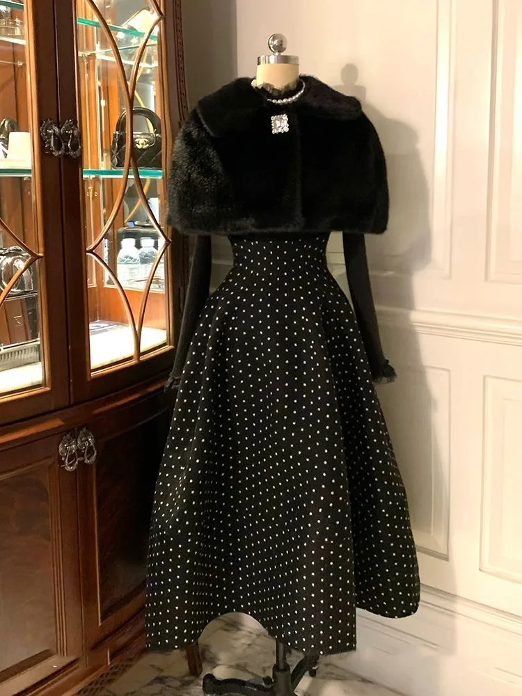 

Elegant Vintage Polka Dot High Waist Skirts+ Y2k Detachable Shawl+ Long Sleeve Tops Women Autumn Winter New Three Piece Sets