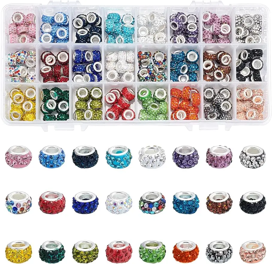 

240Pcs Rhinestone European Beads 24Colors Polymer Clay Rondelle Charm Beads Crystal Pave Disco Large Hole Spacer Beads