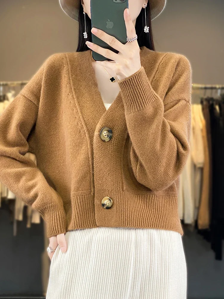 

100% Merino Wool Cardigan V-Neck Long Sleeve High Quality Cashmere Knitwears Autumn Winter Women's Sweater Vintage TopsZT69