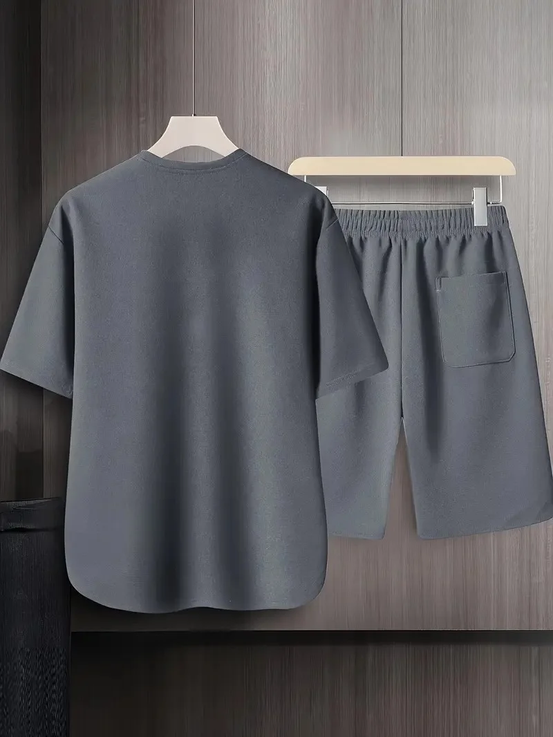 2 Pcs Men's Ice Silk Sportswear Set T-shirt & Shorts round Neck Short Sleeve Drawstring Elastic Waist Sport Top Shorts for Men