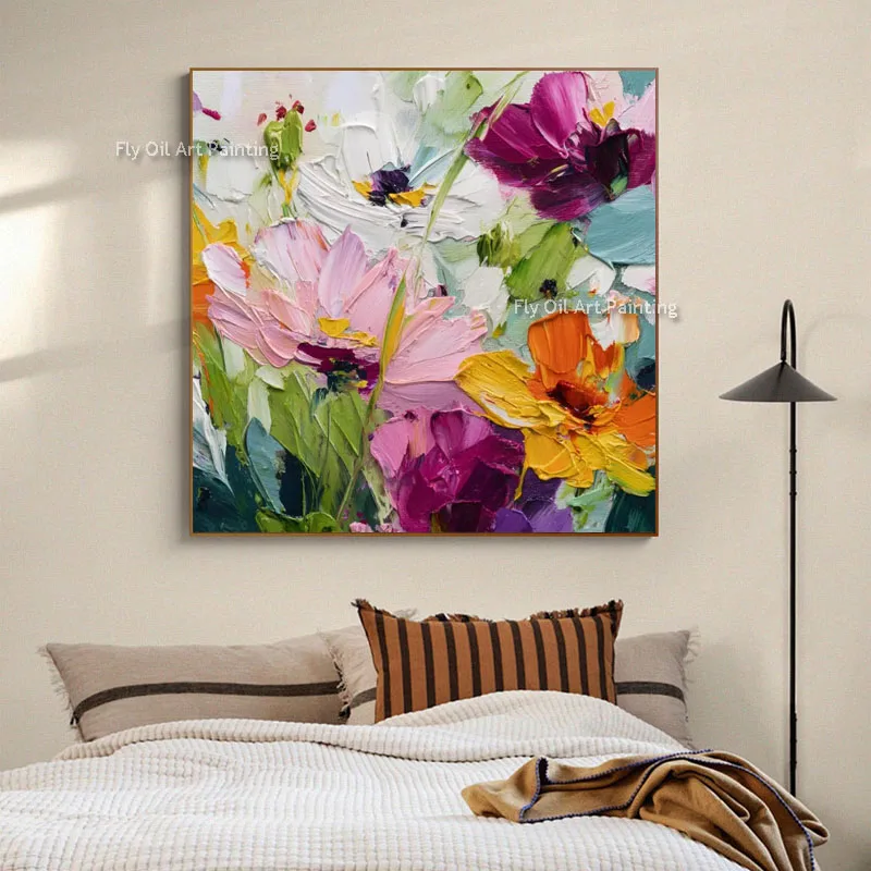 Hand Painted Colorful Flower Texture Oil Painting, Bright Palette Knife Canvas Art, Modern Square Wall Art
