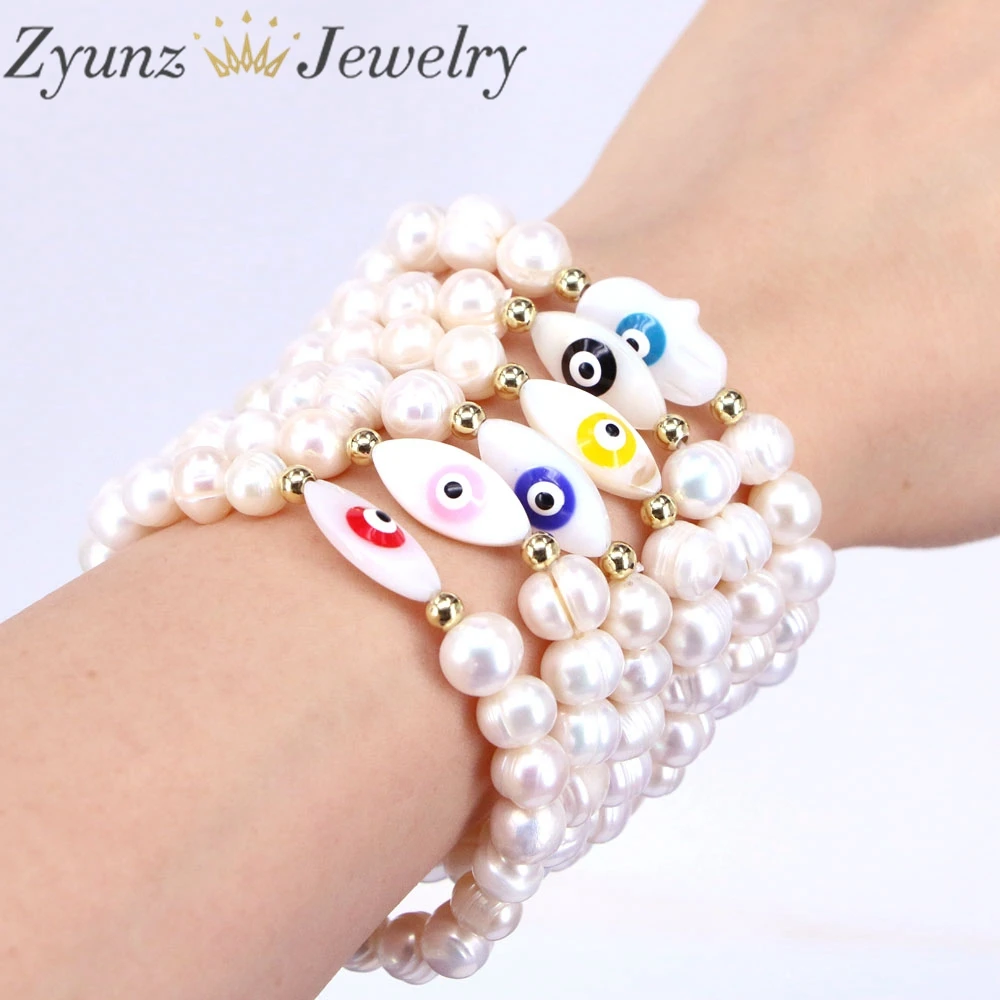 

5PCS, Mop Shell eye bracelet, evil eye shell and pearl bracelet, mother of pearl eye jewelry