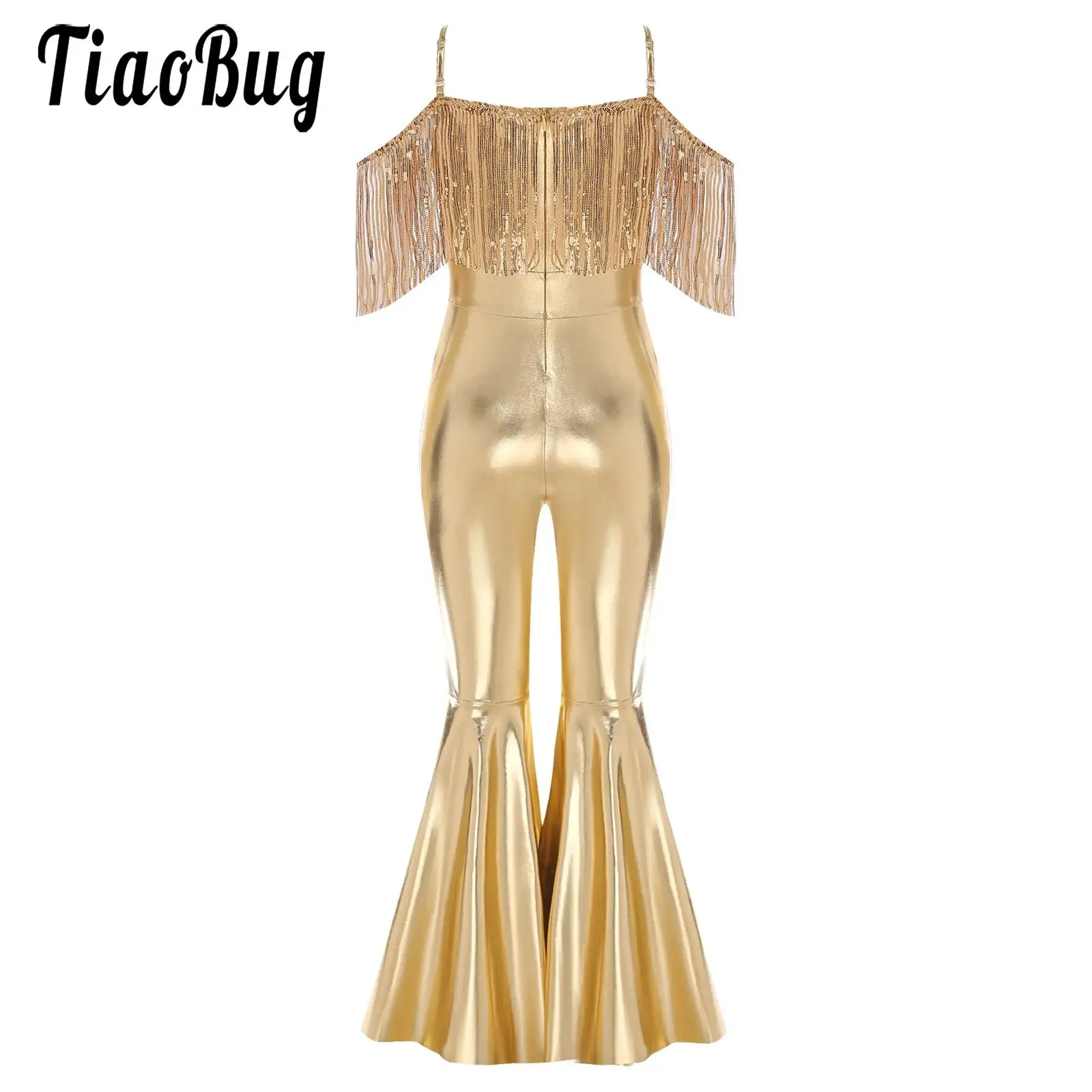

Kids Girls 70s Disco Jazz Jumpsuit Sleeveless Sparkly Sequins Tassels Flared Rompers Beauty Contest Outfits for Banquet Pageant