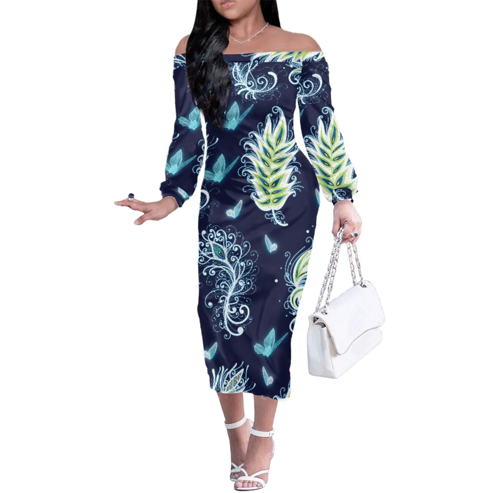 The Hot Selling Style Of The Feather Print Women Of Bohemia Long Sleeves And Bare Shoulders Luxury Dress Banquet Wedding