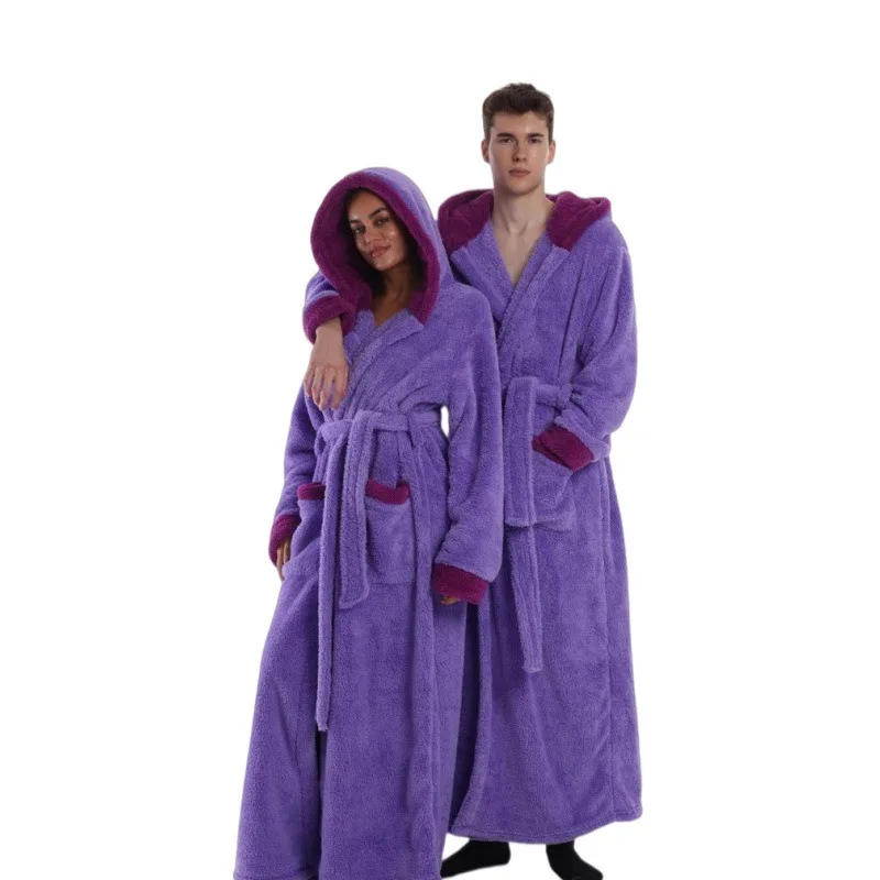 Solid Color Bathrobe Loungewear Women Oversized Long Robe Belt Couple Pajamas Thickened Warm Winter Nightgown