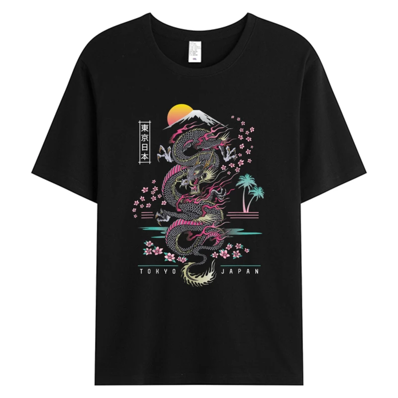 

Japanese Tokyo Dragon Asian Inspired Retro 80's Style Men's Cotton Fabric Casual Holiday O-neck Tshirts 5XL T-shirts Black