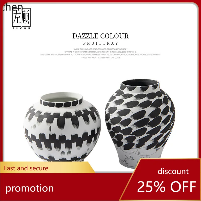 YFY New  Style Ink Wash Ceramic Large Vase Japanese Style Frosted Large Diameter Jar  Wabi-Sabi Style Study Desktop Ornament