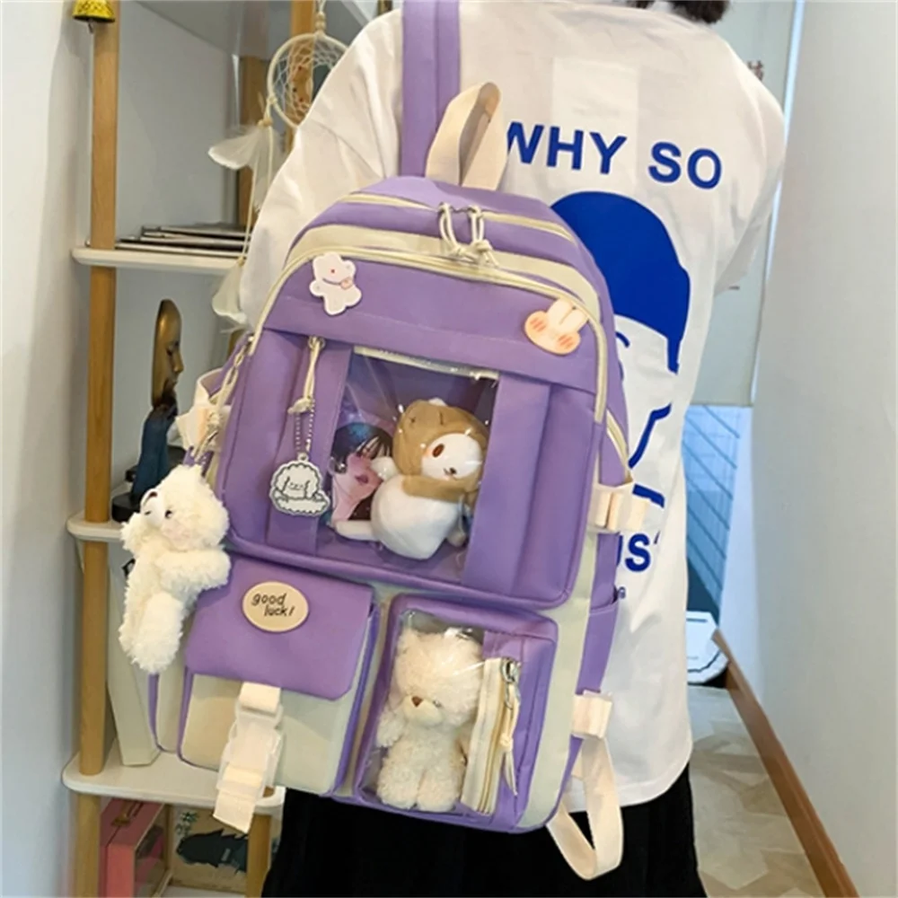 5pcs/Set Kawaii Girls Backpack For Student School Bag Teenager Girls Schoolbag Book Bags Pencil Case Women Travel Computer Tote