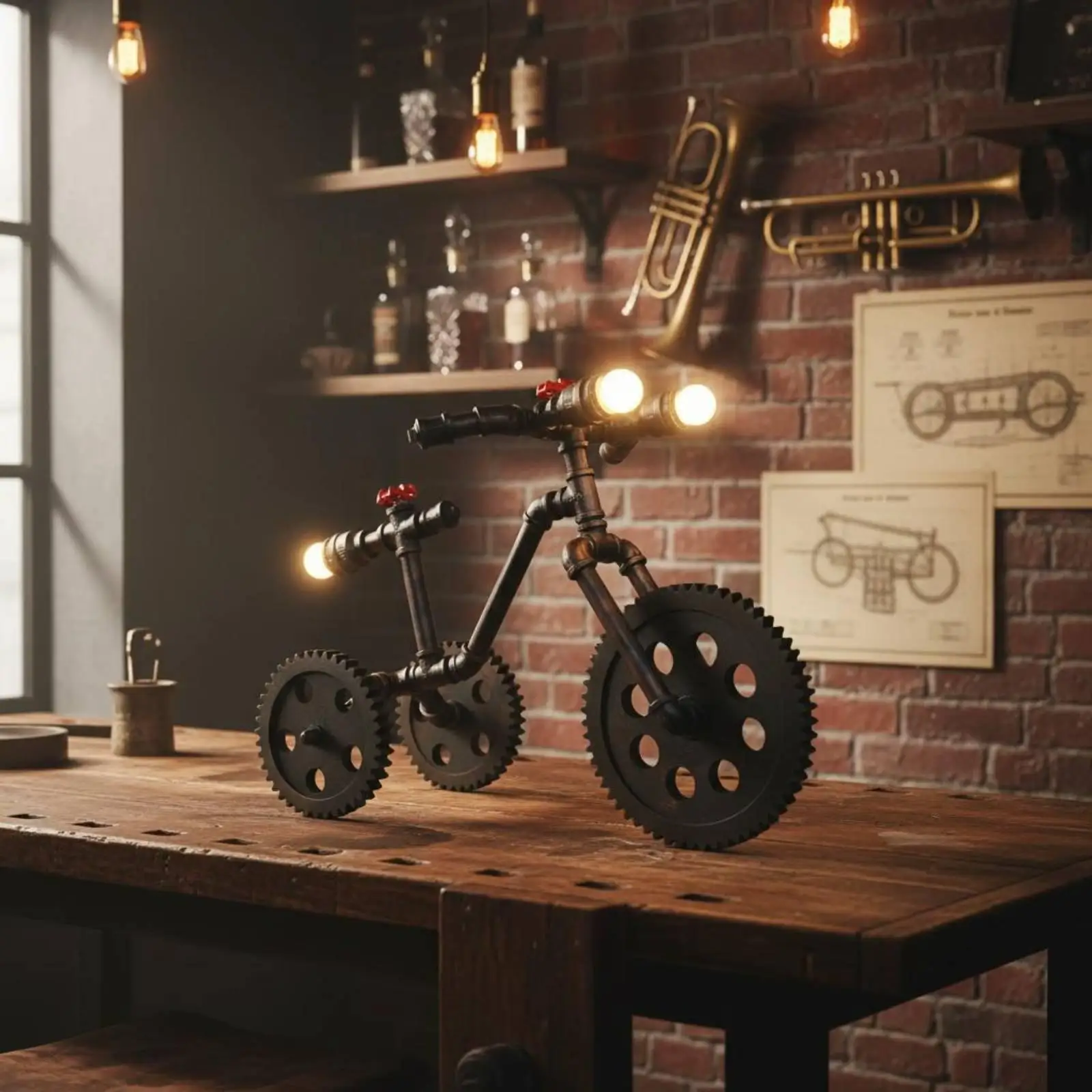 Vintage Cycle Table Lamp Metal Construction Steampunk Table Lamp Decorative Lighting Industrial Cycle-Themed Light for Bar,