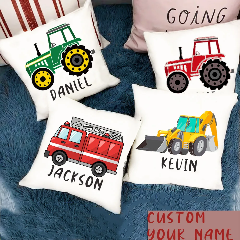 Personalized Pillow Cover Fire Truck with Name Pillow Dust Case Kids Bedroom Decor Pillowcase Best Birthday Gifts for Children