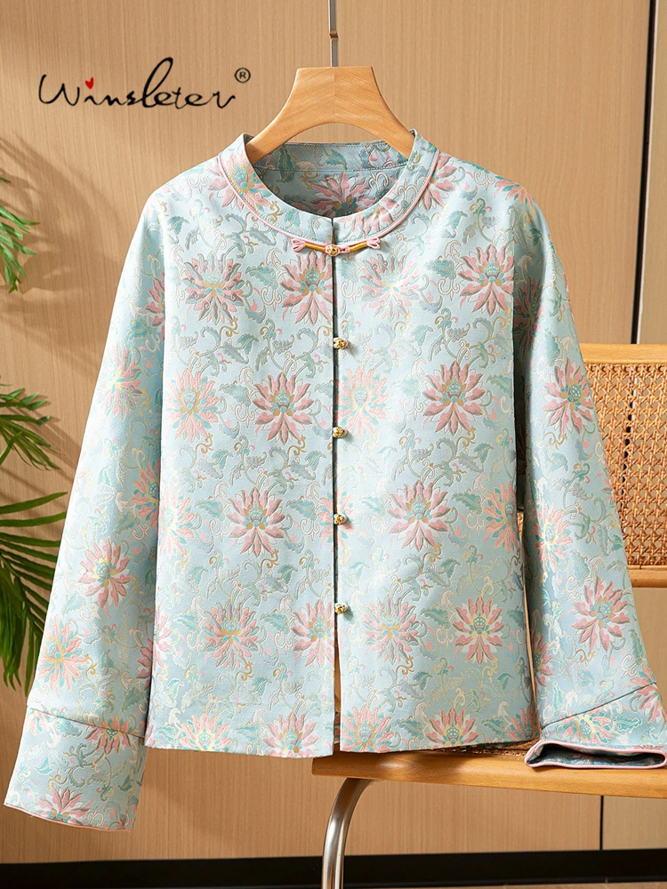 

Winsleter-100%Real Silk Song Brocade Elegant Coat, O Neck Pocket Buttons, Women Retro Chic Loose Coat, 2025 Winter New C5D306CC