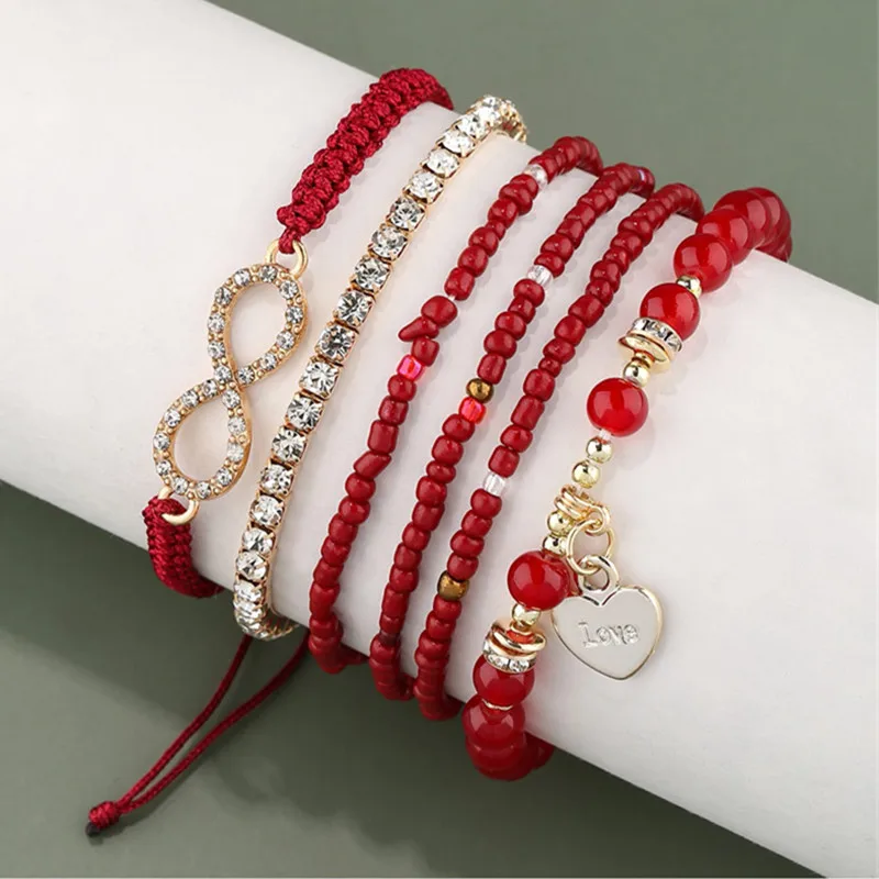 Kymyad Ethnic Style Multilayer Bracelet Sets Handmade Beads Crystal Mixed Bracelet for Women Heart Charm ELastic Bracelet Femme