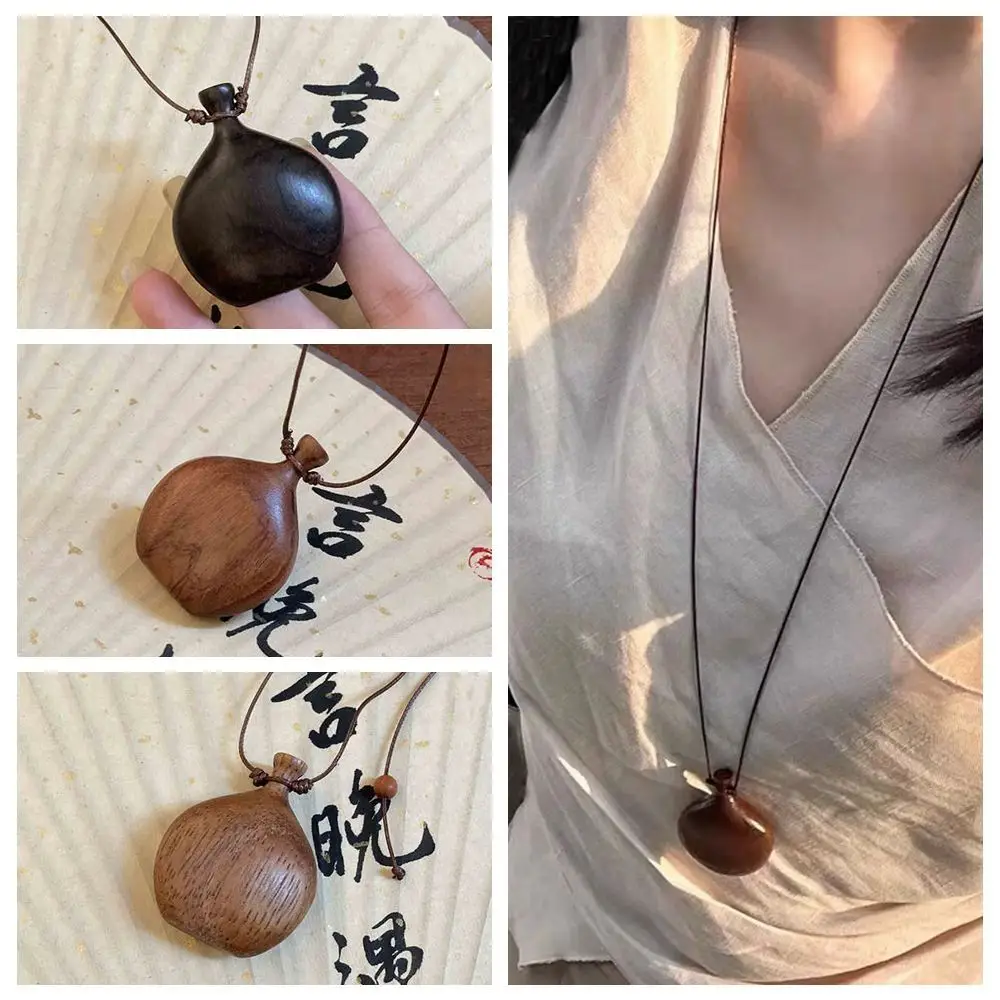 Adjustable Rope Chain Flagon Necklace Vintage Wood Sweater Chain Necklace Lucky Gift Jewelry Accessories Long Pendant Necklace