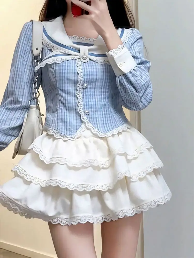 

American Vintage College Style Blue White Long Sleeve Shirt Women+ Y2k Slim Waist Ruched Cake Skirts 2025 New Two Piece Sets