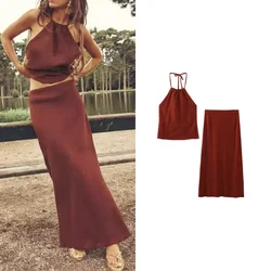 Two Piece Set For Women Satin Midi Long Skirts Sleeveless Off Shoulder Solid Color Sexy Cropped Top A-line Skirt Set 2 Piece