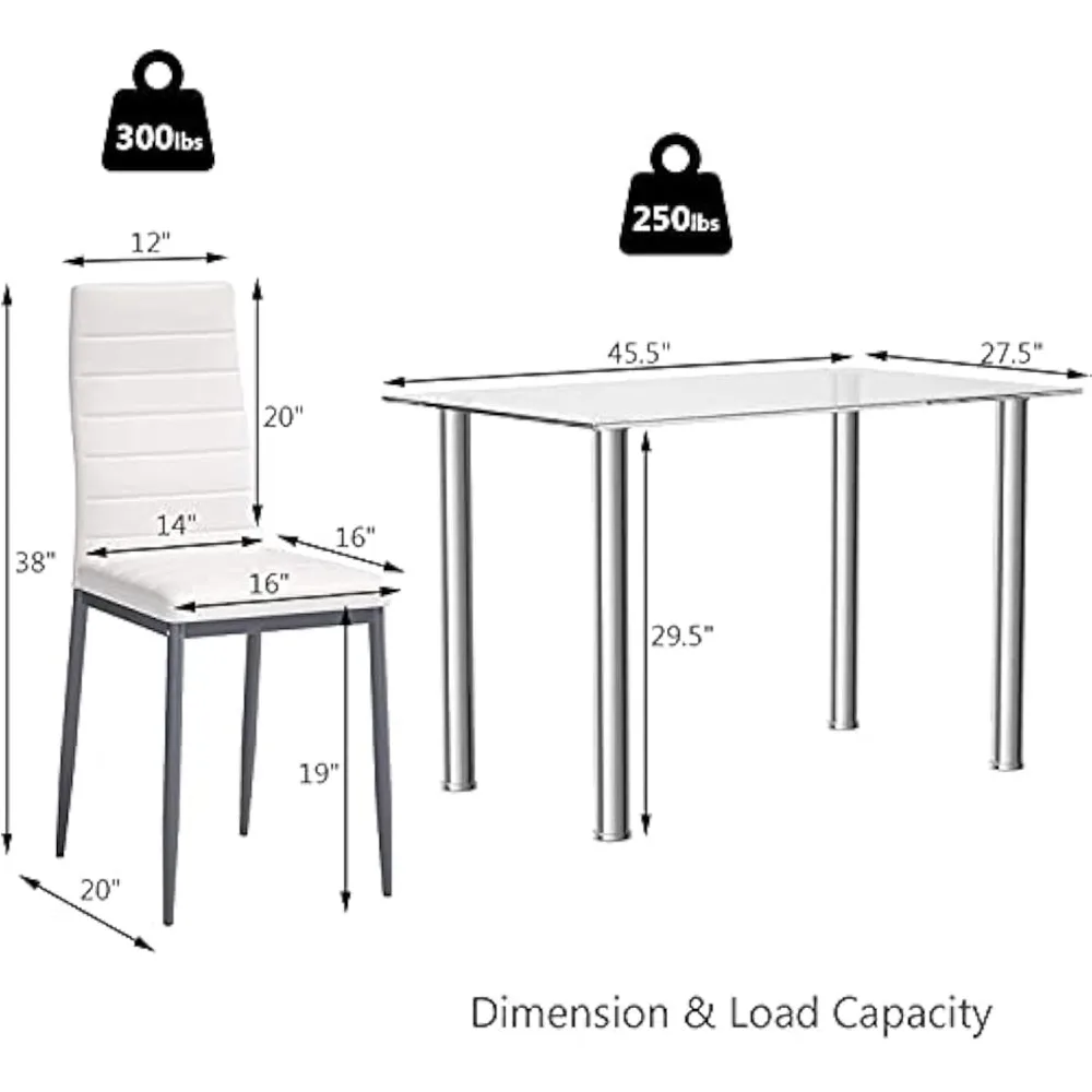 Fireflowery 5 Piece Dining Table Set w/Tempered Glass Table & High Backrest Chair,Steel Frame Restaurant Kitchen Table and Chair