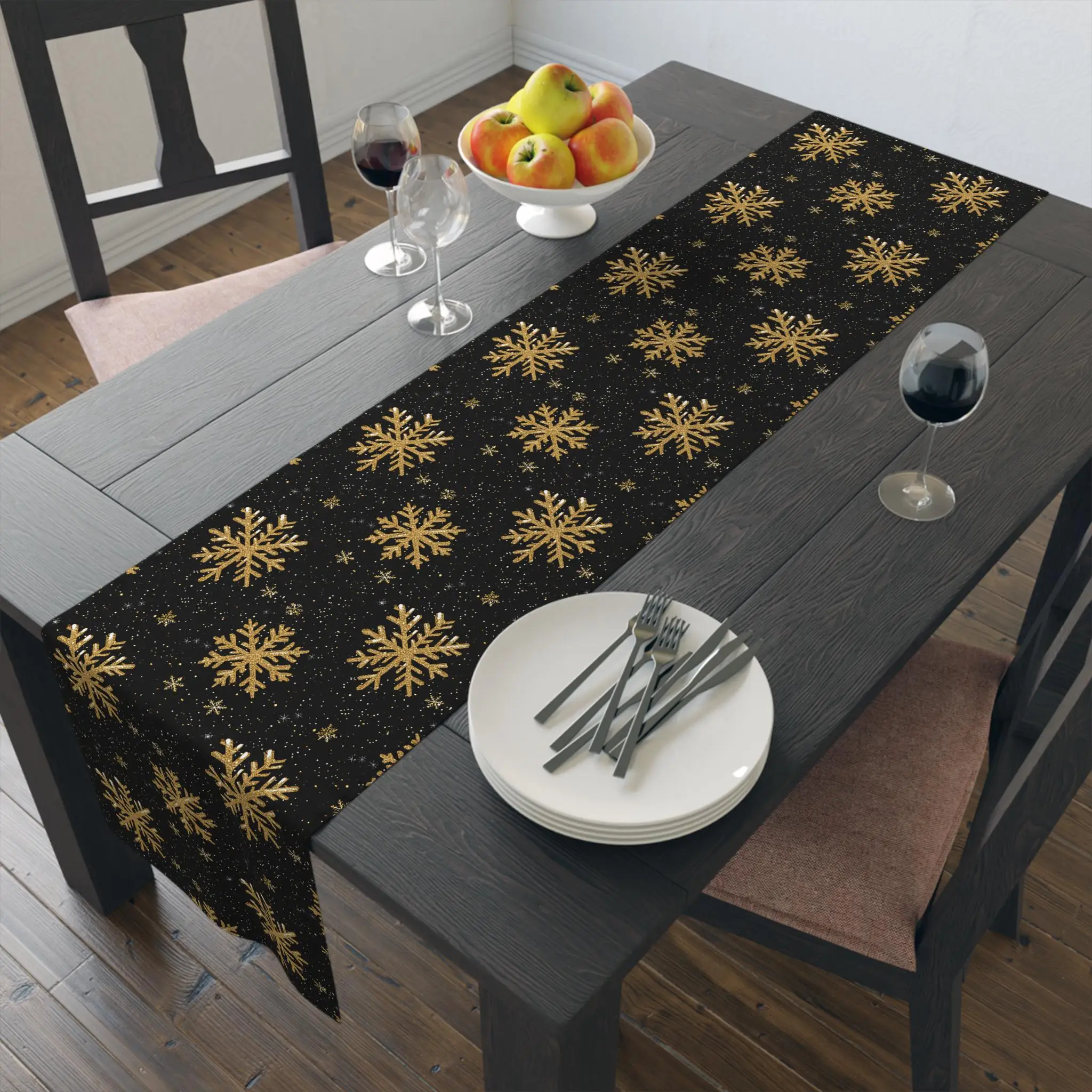 Black Gold Snowflake Table Runner, Elegant Winter Holiday Decor Tablecloth for Dining Table Party, Xmas Home Decoration