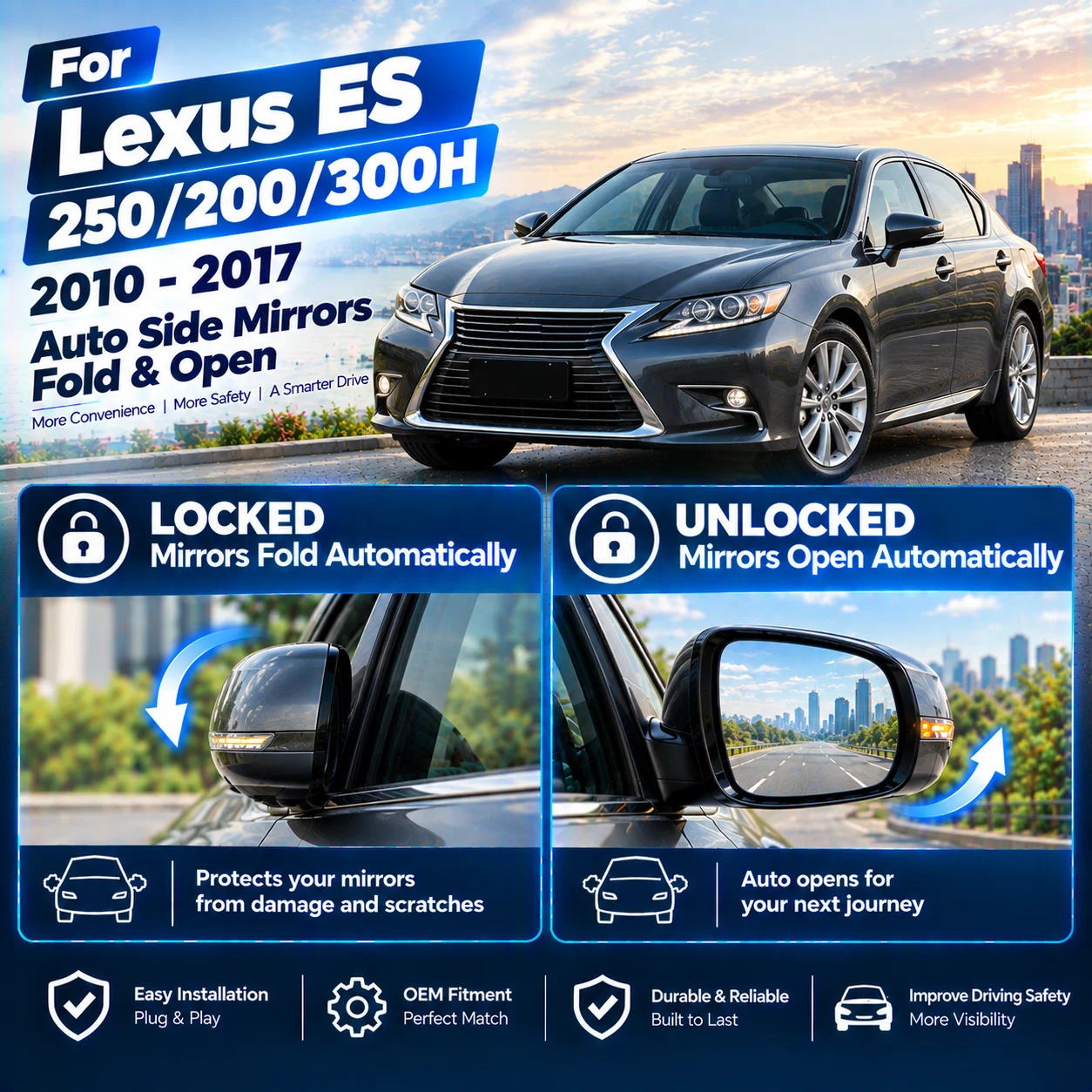 Automatic side mirror folding module for Lexus ES250/200/300H(10-17)): folds upon locking, unfolds upon unlocking