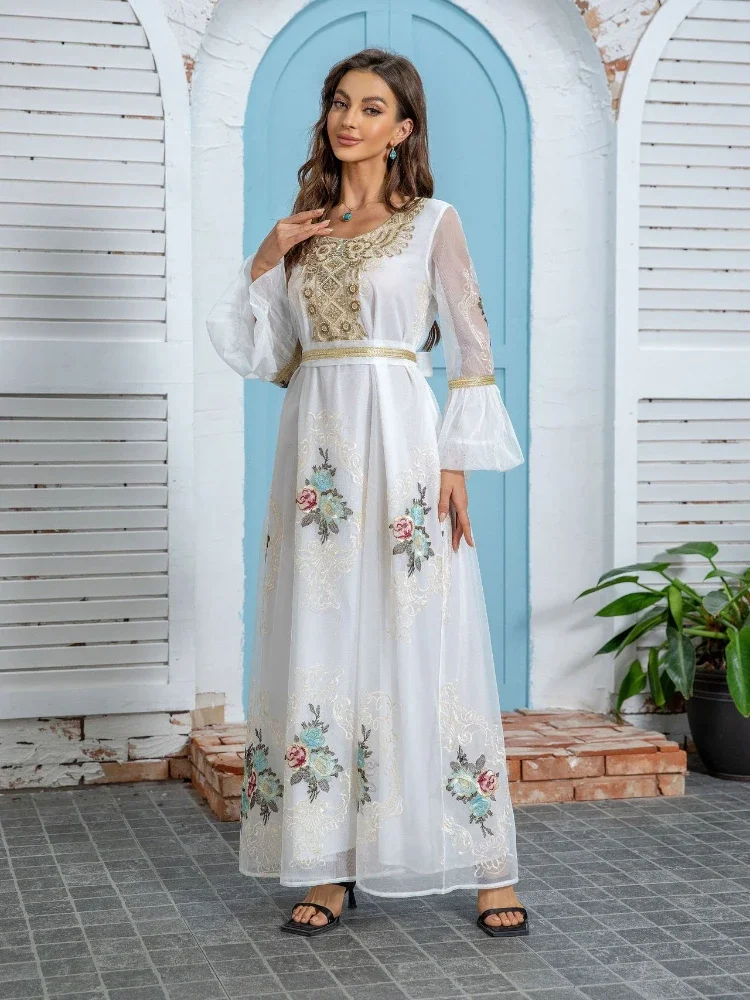 Eid Muslim Party Dress for Women Embroidery Flare Sleeve Abaya Sequins Lace-up Night Dresses Morocco Caftan Vestidos Largos 2024