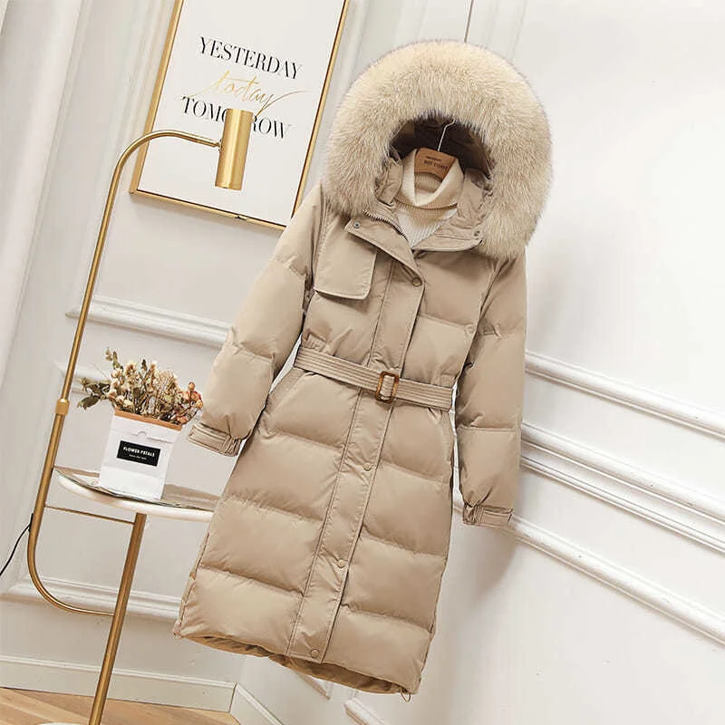 Chaqueta de plumón de pato blanco para mujer, abrigo grande con cuello de piel Real con capucha, Parka larga y cálida gruesa para oficina, elegante